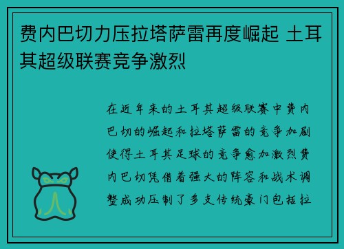 费内巴切力压拉塔萨雷再度崛起 土耳其超级联赛竞争激烈